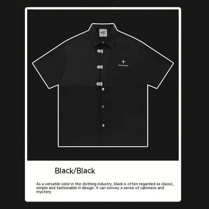 Short-sleeved Aircraft Buckle Shirt Men's And Women's Niche High Street Stitching Profile Shirt