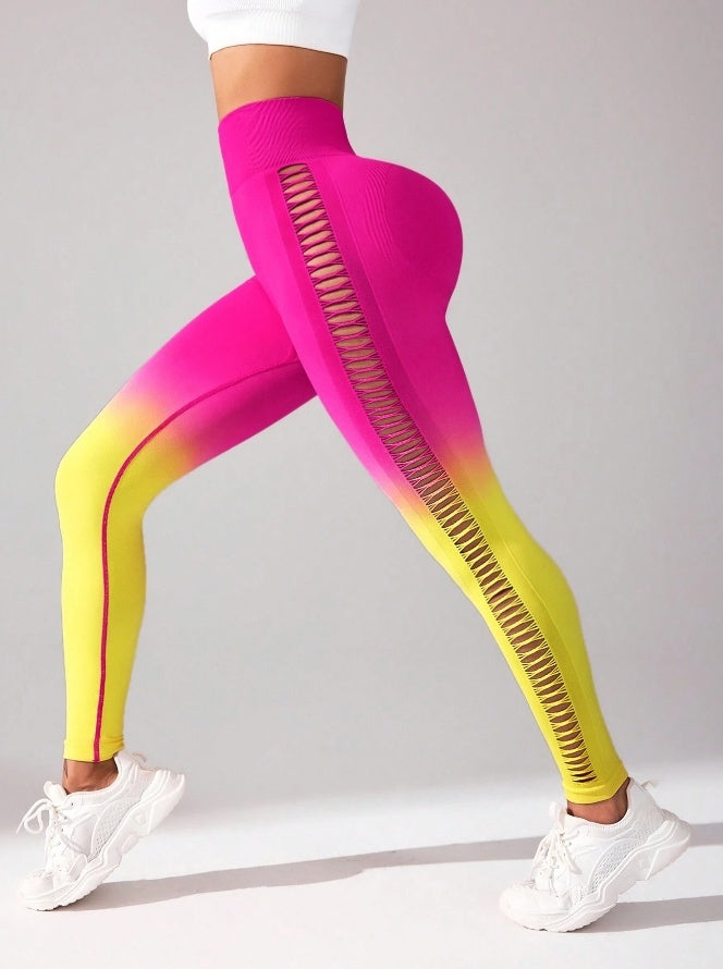 2 Pack Cut Out Ombre Gradient Color Hollow High-waist Butt-lifting Fitness Women's Yoga Pants, Women's High Waist Yoga Pants Cutout Ripped Super Soft And Comfortable Skinny