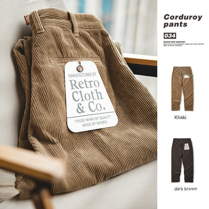 Madeng Workwear Retro Loose Khaki Corduroy Pants Wide Leg Mid Waist Corduroy Straight-leg Trousers